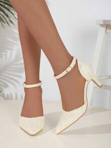 Sequin Single Strap Pointed Toe High Heels, Women's Hollow Out High Heels - Yellow - View 4