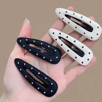 2pcs Fashionable Minimalist Elegant Versatile Black & White Polka Dot Leather Hair Clips, Suitable For Women's Daily Wear, Gift