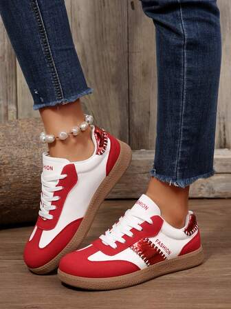 Women's Lace-Up Breathable Soft-Sole Casual Sports Shoes, Outdoor Workout Versatile Letter Color-Block Sneakers