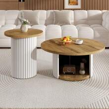 Coffee Table, Double Round Table, Side Table With Natural Wood Slats. Multifunctional Living Room Table.