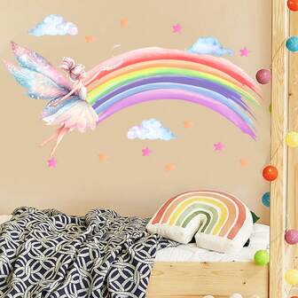 Rainbow Fairy Elf Wall Decal - Modern Cartoon PVC Sticker For Living Room, Bedroom & Nursery Decor Easy Peel & Stick, Removable