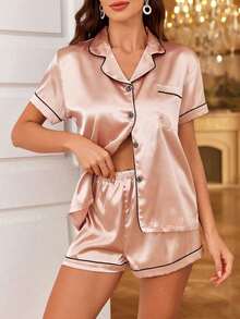 Contrast Piping Satin PJ Set / Pajama Set - 香檳2 - 查看 12