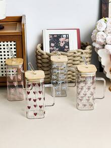 1pc Ins Style Bow & Heart Glass Straw Cup, Transparent Handle Water Cup, Breakfast Milk Cup, Office Water Cup, Home Afternoon Tea Coffee Cup, Juice & Cold Drink Cup, Couple Water Cup, Holiday Gift Cup, Gift For Family And Friends