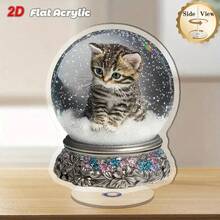 2D Plano, 1 peça Bola de Neve Giratória Decorativa de Sobremesa com Gato Tricolor - Movimento Giratório, Cúpula Transparente e Base para Uso Interno/Externo, Adequado para Casa, Escritório ou Exposição em Prateleira, Ideia de Presente Decorativo de Gato Fofo, Estrutura Acrílica Durável - Multicolorido - Visão 6