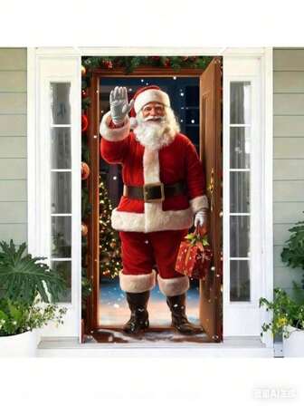 2D Door Banner 1pc Holiday Polyester Santa Claus Door Cover - No Power Needed Christmas Wall Decor Banner, Suitable For Indoor/Outdoor Use, Party Supplies