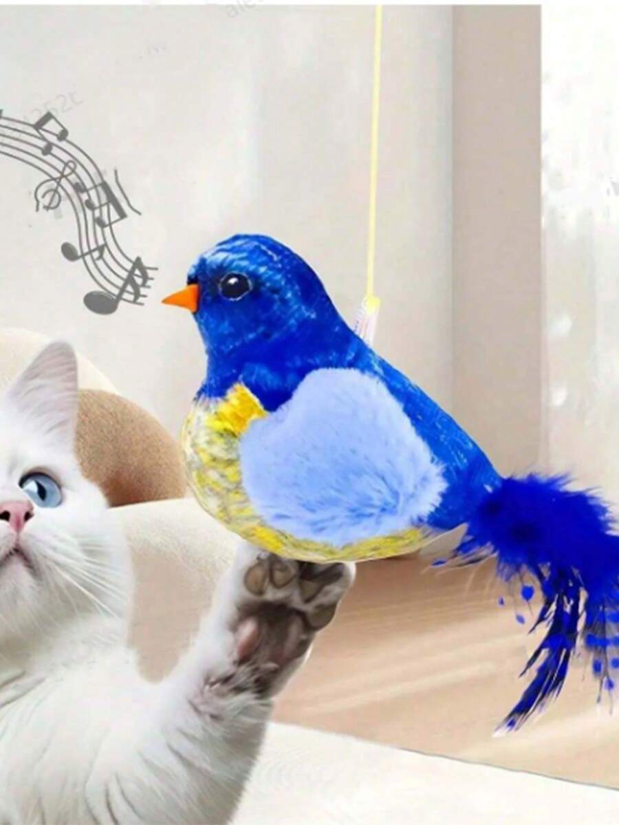 1pc Chirping Bird Cat Toy, Interactive Cat Toy With Realistic Bird Sounds - No Battery Required, Hanging & Detachable For Play - Made Of Synthetic Polyester Feathers, Suitable For All Cat Breeds, Can Be Used As A Cat Teaser Toy To Simulate Bird Play And Sounds - Multicolor - View 1
