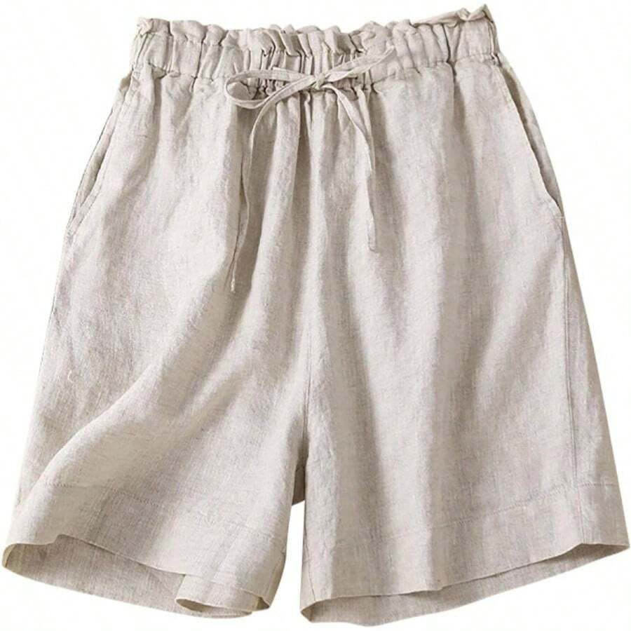 - Pantalones cortos casuales para mujer, pantalones cortos de gimnasio de verano de cintura alta, pantalones cortos de lino de algodn para mujer, bolsillos anchos en la pierna - M + Beige - Ver 1