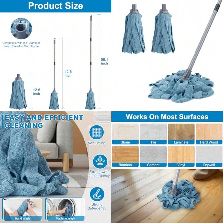 KeFanta Mops For Floor CleaningOne Mop Handle With 2 Blue Microfiber Cloth Mops Head Replacement String Wet Mop Refills Compatible With 0.8" Diameter Stick 1 Pole And 2 Heads - Blue - View 1