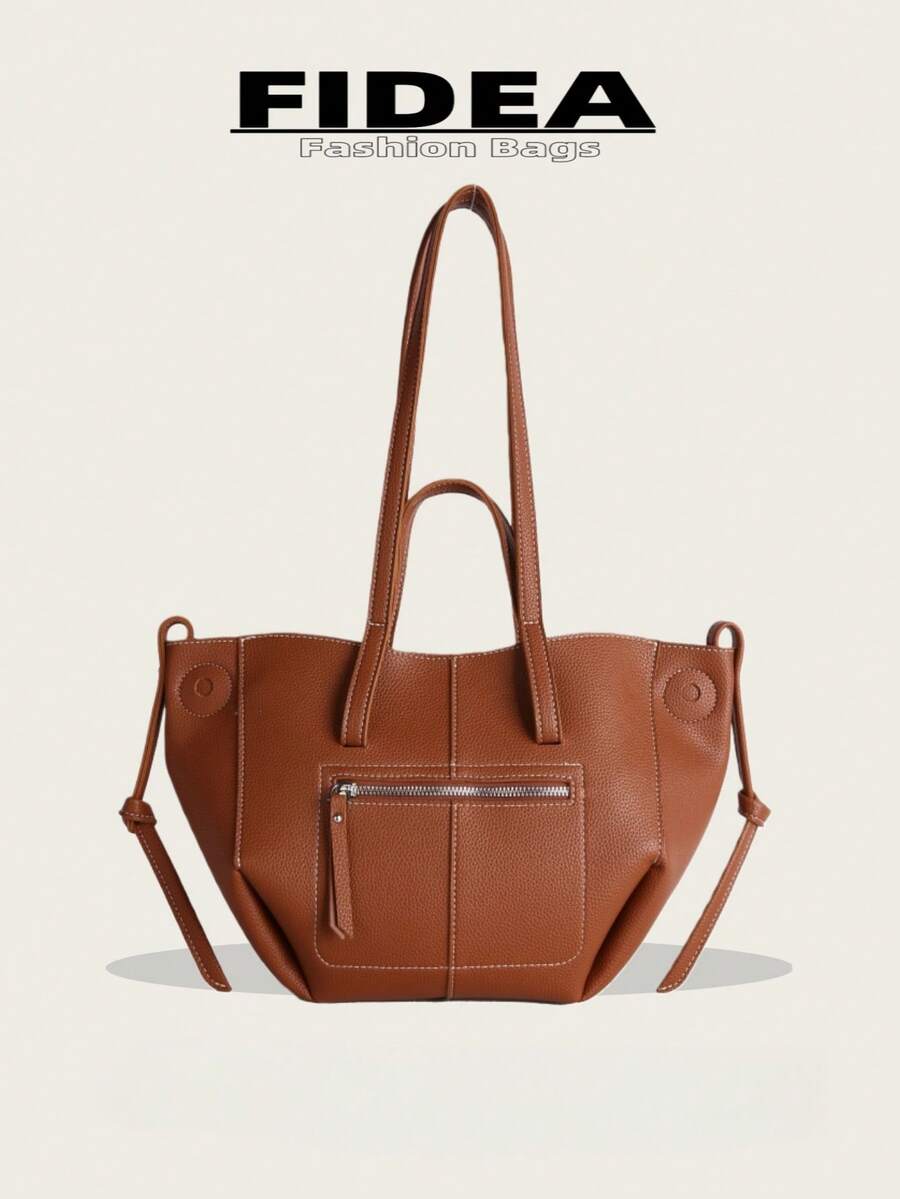 女士秋冬新款单肩托特包，PU皮革材质，纯色简约设计，拉链装饰，适合日常通勤、送礼，时尚百搭，大容量，精致美观 - 棕色 - 查看 1