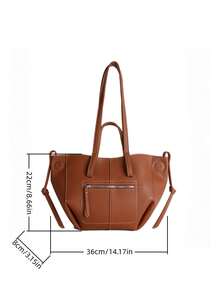 女士秋冬新款单肩托特包，PU皮革材质，纯色简约设计，拉链装饰，适合日常通勤、送礼，时尚百搭，大容量，精致美观 - 棕色 - 查看 9