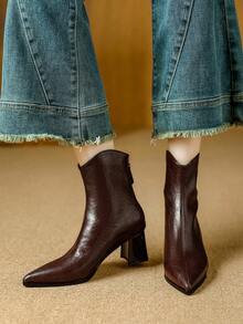 Qiluyuan Botas de tobillo de moda para mujer, nuevas botas elegantes de estilo francés de unicolor, sexy punta puntiaguda con tacón alto y cremallera trasera, versátiles para uso casual, trabajo, fiesta de vacaciones, Navidad, botas de tobillo en marrón, negro - Marrón - Ver 8