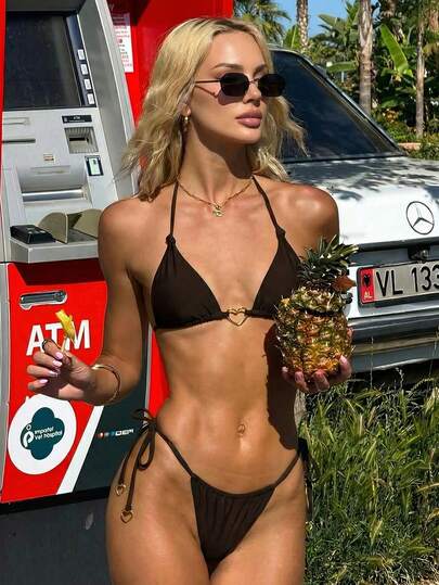 LUCKY HOLIDAY Bộ bikini tam giác 2 mảnh dành cho nữ, họa tiết trái tim màu nâu cổ điển mới, họa tiết trái tim, có đệm mút tháo rời, kiểu dáng thời trang gợi cảm buộc dây, thích hợp cho kỳ nghỉ biển.