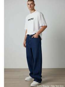 Men's Regular Fit Wide Leg Jeans - Dark Blue Jeans - Azul Escuro Jeans - View 1