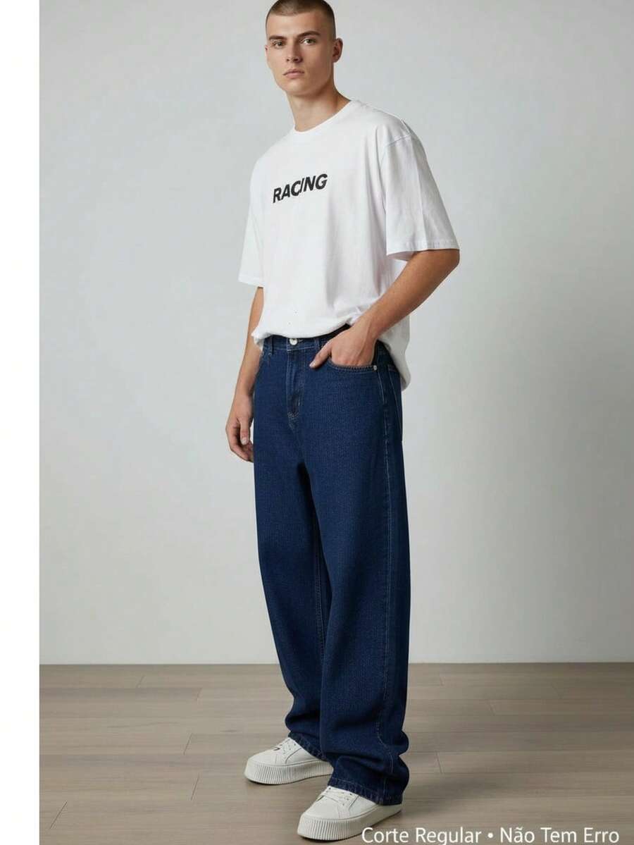 Men's Regular Fit Wide Leg Jeans - Dark Blue Jeans - Azul Escuro Jeans - View 1
