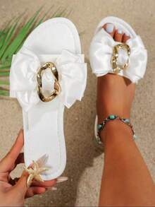 女士优雅平底凉鞋，时尚蝴蝶结和金色圆扣装饰，舒适百搭，夏季新款，适合户外和海滩穿着。 - 白色 - 查看 12
