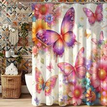 1件花卉图案浴帘，植物设计面料，家居浴室装饰，花卉、蕨类、蜂鸟、蝴蝶，春日自然浴室配件，白色背景上充满活力的植物艺术，保护隐私，优雅的浴室浴帘，涤纶材质，带挂钩 - 彩色 - 查看 10