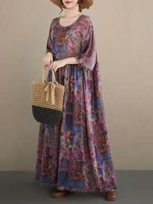 AZAH 2026新款波西米亞風女款夏季印花長洋裝，圓領蝙蝠袖附口袋，休閒度假沙灘洋裝，母親節洋裝，寬鬆版型 - 紫色 - 查看 5