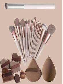 这款22件套化妆刷套装包含一套13支装的化妆刷、一支白色遮瑕刷、一个棕色化妆海绵、一个三角形粉扑，以及6个饼干形气垫粉扑，所有刷具均收纳于配套的收纳袋中。适用于眼影、粉底、BB霜等。 - 彩色 - 查看 1