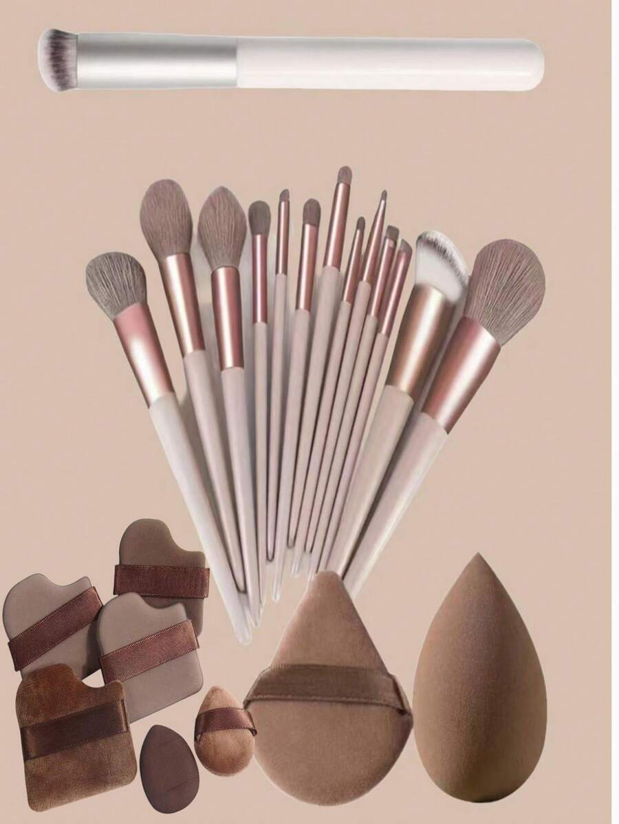 这款22件套化妆刷套装包含一套13支装的化妆刷、一支白色遮瑕刷、一个棕色化妆海绵、一个三角形粉扑，以及6个饼干形气垫粉扑，所有刷具均收纳于配套的收纳袋中。适用于眼影、粉底、BB霜等。 - 彩色 - 查看 1