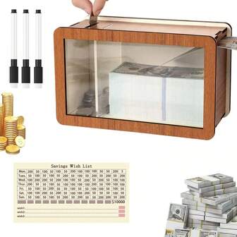 1 pieza Hucha de madera, caja de ahorro de alta calidad con pegatinas de 3 dígitos, estilo americano/europeo, alcancía, decoración de escritorio