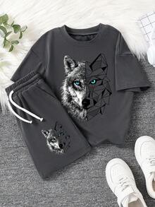 Tween Boy Cartoon Graphic Print Crew Neck Short Sleeve T-Shirt And Shorts Set - Dark Grey - View 1