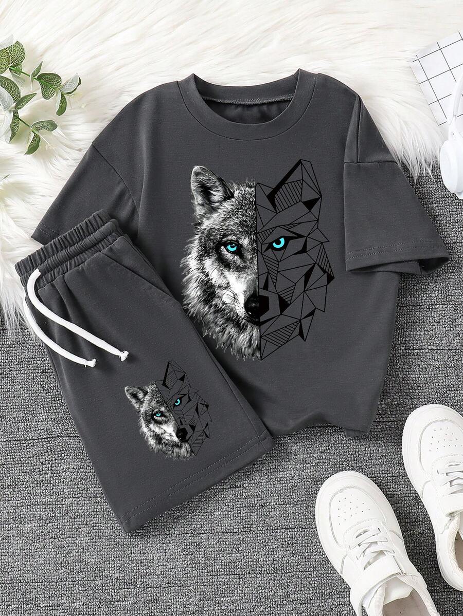 Tween Boy Cartoon Graphic Print Crew Neck Short Sleeve T-Shirt And Shorts Set - Dark Grey - View 1