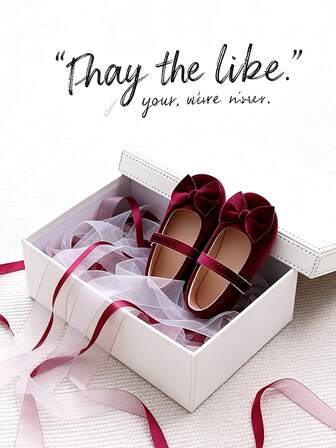 1 par de zapatos planos de color rojo profundo para niños, inspirados en la princesa, con lazo de terciopelo y diseño de , versátiles para diferentes ocasiones durante todo el año, adecuados para regalos, baile, cumpleaños