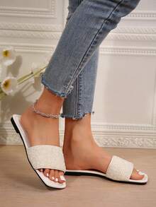 Plus Size Women's Slip-On Sandals, Square Toe Flat Slides, Suitable For Spring & Summer, Elegant Dress, Fashion Slippers, Cute Girl Beach Shoes, Non-Slip House Slippers, Adorable Student Girl Plastic Flip Flops - White - View 2