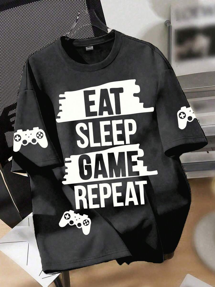 Áo thun in khẩu hiệu game thủ dành cho nam thiếu niên, "Ăn Ngủ Chơi Game", thích hợp mặc đi học hàng ngày, mùa xuân/hè. - Màu xám đen - Xem 1