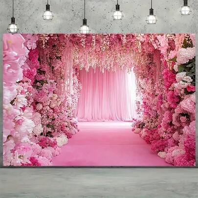 2D Flat An Astonishing Pink Floral Print Photography Background Banner, Living Room Photo Studio Backdrop, Suitable For Weddings, Birthdays, Anniversaries - All-Season Versatile Decoration, Ideal For Homes, Gardens, And Events, Made From Polyester.