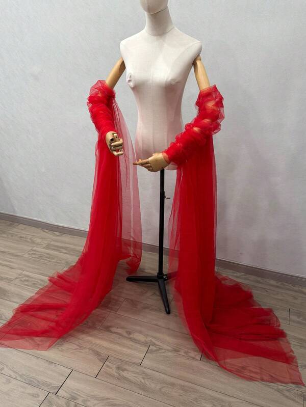 紅色新娘薄紗配件 高端手工仙氣披肩 主持人年會晚禮服飾品 拖尾袖套披肩