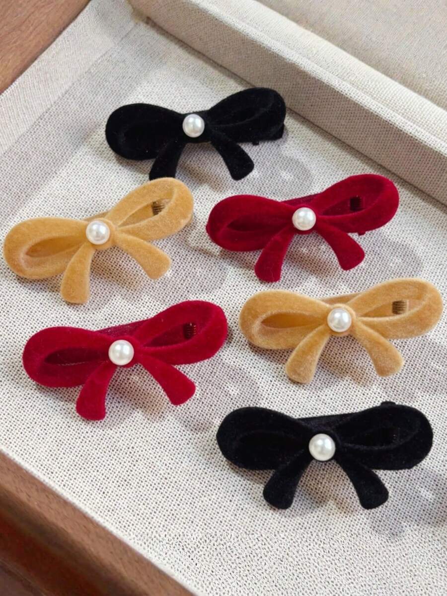 6pcs Flocked Red Bow & Faux Pearl Duck Clip Bangs Clip Side Clip Hair Clips For Girls And Women, Claw Clips, Hair Slide, Hair Barrettes - Multicolor - View 1