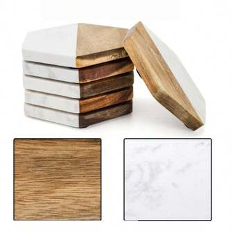 Natural Wood & Marble Coasters, Non-Slip Coasters, Minimalist Wooden Coasters In Black & White, Suitable For Modern Home Decor, Coffee Table & Desk Protection, Rustic Style Outdoor Coasters For Any Type Of Cup, Great Gift