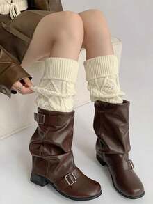 1 Pair Vintage Knitted Leg Warmers, White Thigh High Leg Warmers, Mid-Calf Leg Warmers For Women, Autumn/Winter - White - View 2