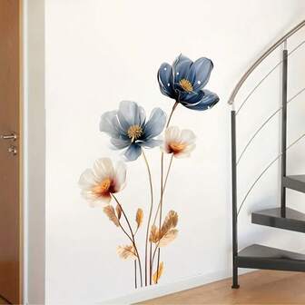 Adesivi da parete floreali di lusso blu e beige, decalcomanie di fiori con effetto metallico, adatti per la casa, per creare un'atmosfera primaverile elegante e moderna, design artistico alla moda e rimovibile