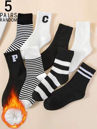 5 Pairs Men's Thick Warm Striped & Letter Print Casual Mid-Calf Socks, Suitable For Autumn/Winter