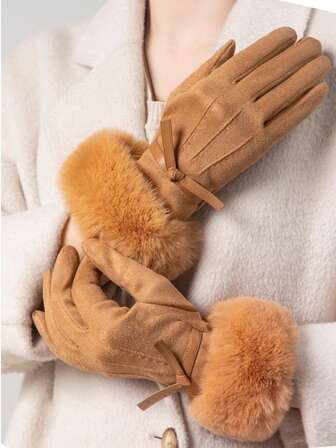 1 par de guantes sin dedos elegantes y casuales de unicolor de fibra de poliéster con ribete de peluche, adecuados para salidas de otoño/invierno, vacaciones y fiestas