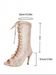 1 Pair Women's Apricot High Heel Peep Toe Hollow Out Mesh Boots, Shiny Cute Elegant High Heel Sandals With Criss-Cross Straps And Back Zipper, Party Highlight High Heel Sandals, Dance Boots
