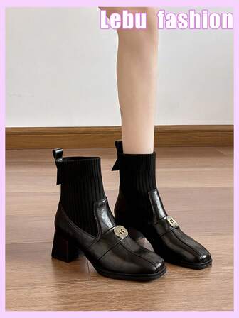 Dammode med elastiska smala ankelstövlar, fyrkantig tå med mellanhög klack, slip-on, mångsidig för vardag, arbete, fest, jul, finns i brunt, svart