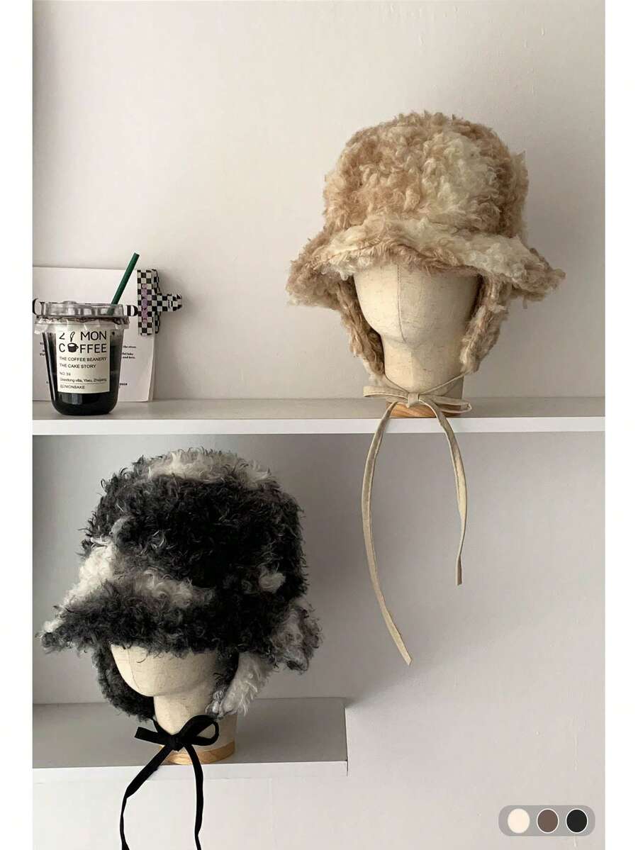 1顶保暖防寒美拉德渐变抓绒耳罩帽，时尚防风骑行帽，加厚保暖带护耳的飞行员帽，适合秋冬季女性佩戴 - 漸層圈圈毛雷鋒帽 - 查看 1