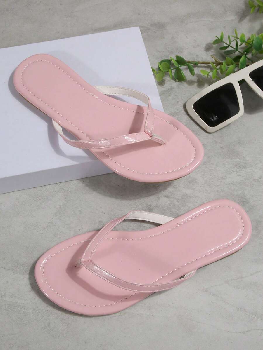 Glossy Flip Flops For Girls, Casual Street Style Summer Beach Sandals, Flat Versatile Non-Slip Slippers, House Slippers, Available In Yellow, Black, White, Pink - Pink - View 1