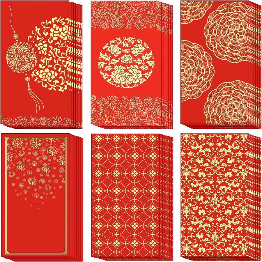 48个装春节红包，新年压岁钱礼包，6种图案，加厚款，2026春节红包，适用于春节、生日、婚礼等场合。 - 彩色 - 查看 1