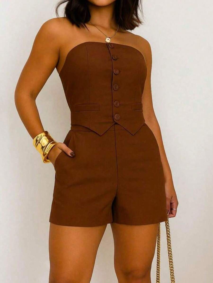 Women's Strapless Dress Set With Tailored Shorts - Rỉ Nâu - Xem 1