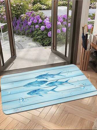 1 pieza Felpudo rectangular con diseño de pez de color azul claro con textura de madera, alfombra de baño de franela, decoración del hogar, alfombra de entrada, alfombra de exterior, alfombra pequeña, alfombra pasillo, alfombra azul, felpudo rascador de zapatos, felpudo, felpudo de bienvenida