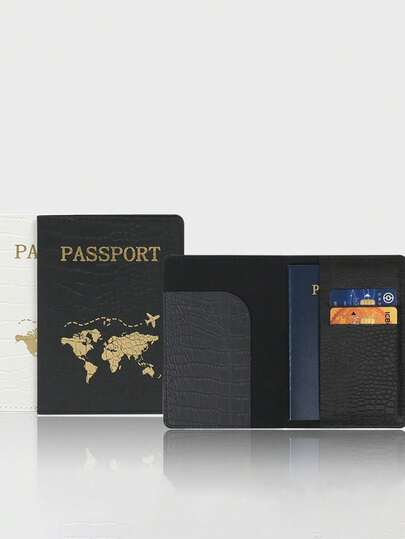 1pc Black And White Crocodile Patterned PU Leather Passport Cover, Leather Map Printed Passport Clip, Oil Border Passport Bag.
