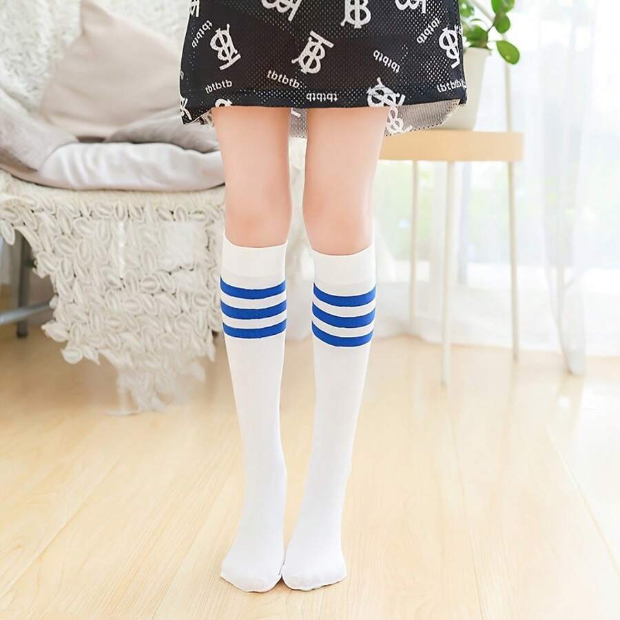 A Pair Of Three Stripes Blue And Red Two-Tone Socks Women Mid-Calf Long Socks Desire JK Japanese Style Socks High Tube School Uniform Long Socks Sweet Style - Đỏ và trắng - Xem 1