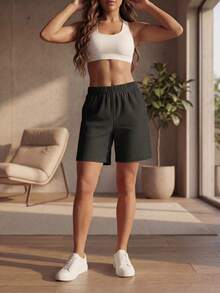 DEVIT - Short 3/4 negro para mujer estilo casual, tela rib acanalada elástica, pretina ancha sin jareta ni bolsillos, diseño básico cómodo y versátil hasta la rodilla ideal para outfits diarios, deportivos o de descanso - Negro - Ver 5