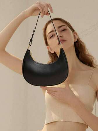 1pc (7.9in*4.7in*2.4in) Fashion Women's Shoulder Bag, Handbag, Crescent Bag, Mini Purse, Made Of PU Material, Suitable For Shopping, Dating, Parties, Work Commute, Adjustable Shoulder Strap, Elegant Minimalist Casual Chic Black Shoulder Bag For Women