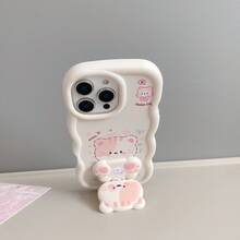 可爱爱心猫咪360°旋转（镜面支架）可爱猫咪彩绘，奶油色图案，糖果色，防摔手机壳，兼容苹果17 Pro Max/16/15/14/13/12/11、三星S26 Ultra/S25/S24/S23、摩托罗拉、荣耀、OPPO、红米等机型 - 白色 - 查看 3