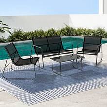Outdoor Lounge Setting Steel Textilene Sofa Set Table And Chairs Garden Furniture Patio Couch Deck Backyard Rattan Cushion Weather-Resistant Black Of 4 - Black - View 1